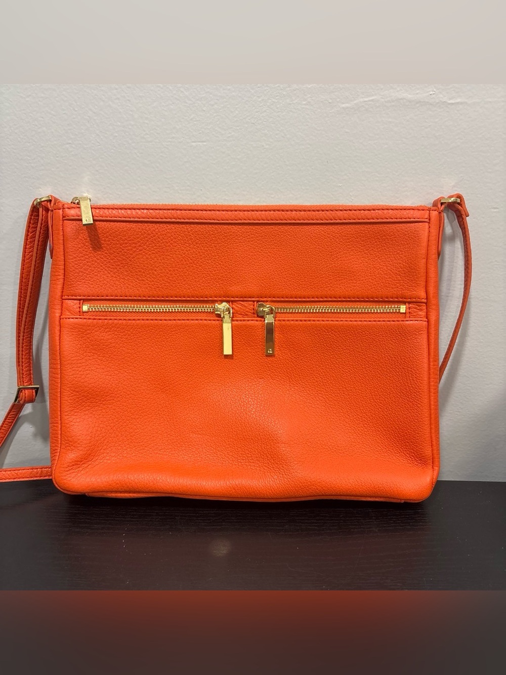 G.I.L.I. Orange Leather Crossbody with Gold Hardware flat double zip